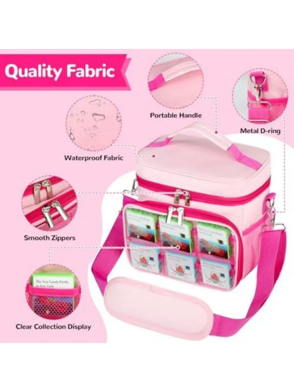 Travel Storybook Carrying Case with 12 Pockets & Shoulder Strap - Pink